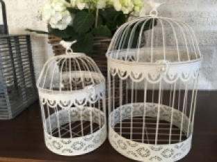 Birdcages set, small + large round, metal, white.